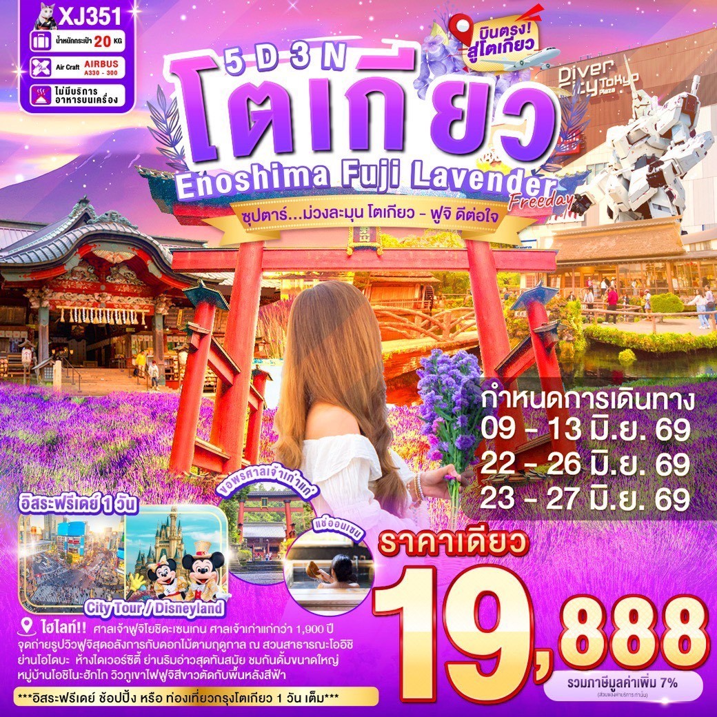 ทัวร์ญี่ปุ่น TOKYO ENOSHIMA FUJI LAVENDER FREEDAY 5วัน 3คืน (XJ)